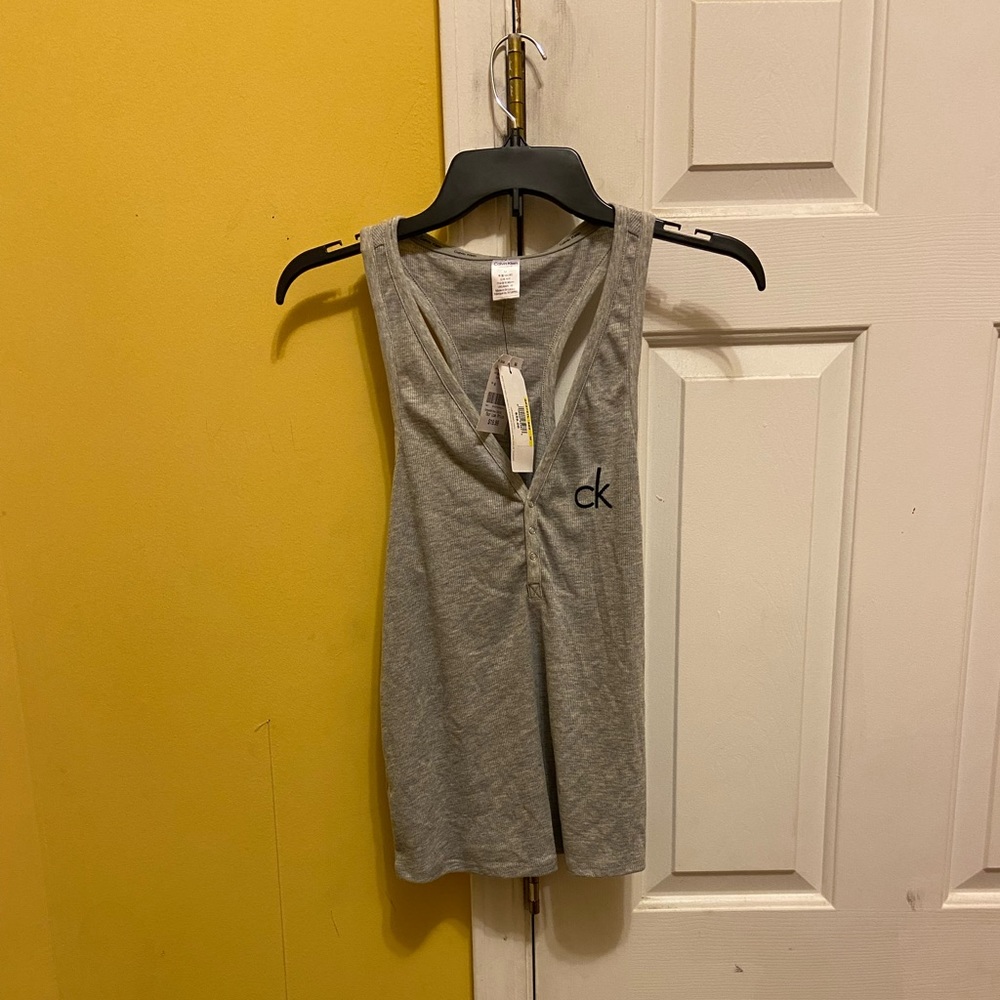 Quarter v-up, button-up ribbed Calvin Klein pajama tank top; “CK” logo print
